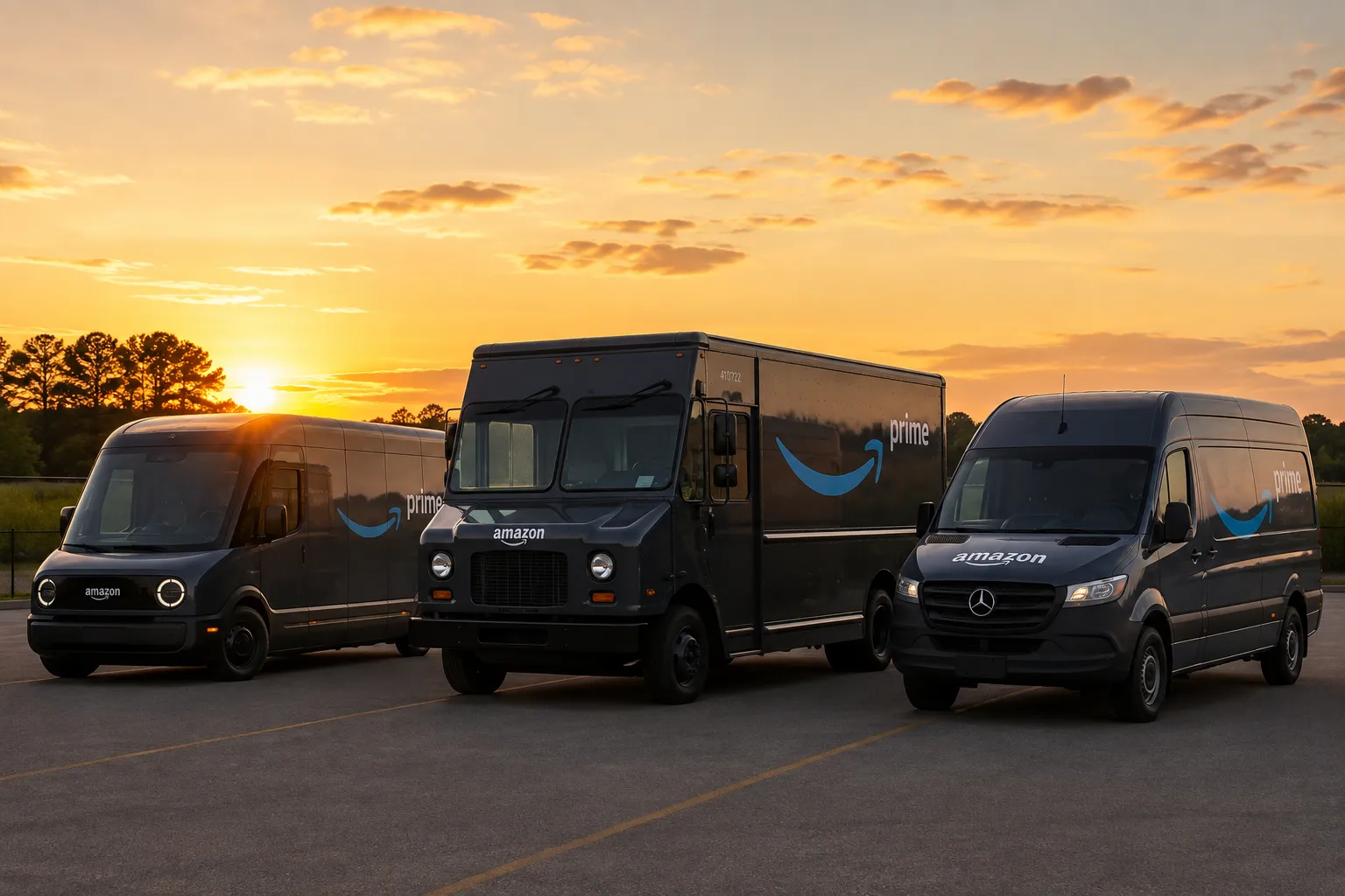 Amazon delivery vehicles — including a Step Van — at sunset
